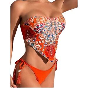 Boho Ethnic Print Bandeau Handkerchief Hem Tassel Accents Bikini Set